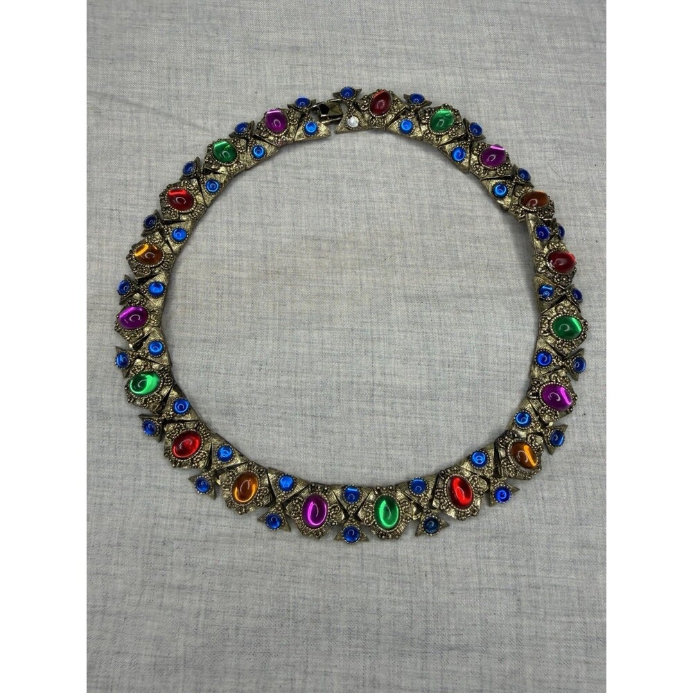 Vintage Etruscan Revival Necklace Multicolor Cabochon Ornate Links Quality Stun!